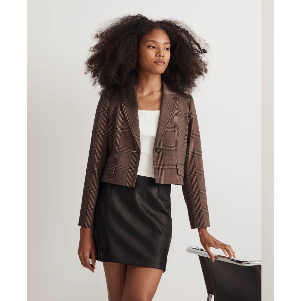 Madewell Sutter‎ Womens XL Cropped Blazer Brown Pink Plaid Italian Fabric